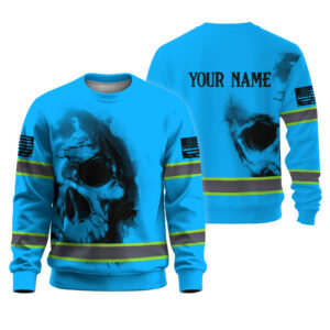 Hi Vis Long Sleeve Shirts Reflective Tapes Blue Neon Skull Custom Name Safety Workwear