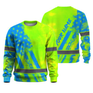 Hi Vis Shirts Long Sleeve Reflective Tapes Green Neon And Blue US Flag Custom Name Safety Workwear For Workers, Truckers, Cyclists, Patriotic