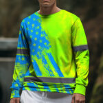 Hi Vis Long Sleeve Shirt Reflective Tapes Green Neon And Blue US Flag 5