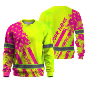 Hi Vis Shirts Long Sleeve Reflective Tapes Green Neon And Pink US Flag Custom Name Safety Workwear For Workers, Truckers, Cyclists, Patriotic
