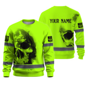 Hi Vis Long Sleeve Shirts Reflective Tapes Green Neon Skull Custom Name Safety Workwear