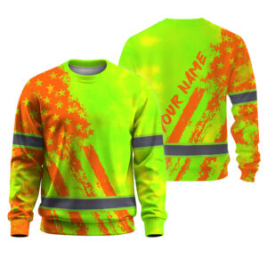 Hi Vis Shirts Long Sleeve Reflective Tapes Lime Neon And Orange US Flag Custom Name Safety Workwear For Workers, Truckers, Cyclists, Patriotic