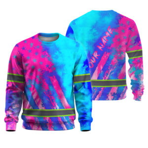 Hi Vis Shirts Long Sleeve Reflective Tapes Pink Neon And Blue US Flag Custom Name Safety Workwear For Workers, Truckers, Patriotic