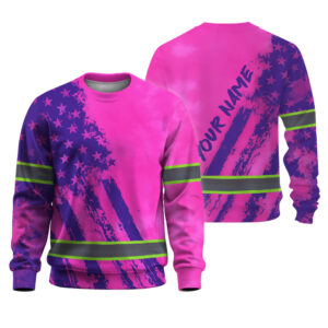 Hi Vis Shirts Long Sleeve Reflective Tapes Pink Neon And Violet US Flag Custom Name Safety Workwear For Workers, Truckers, Patriotic