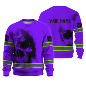 Hi Vis Long Sleeve Shirts Reflective Tapes Violet Neon Skull Custom Name Safety Workwear