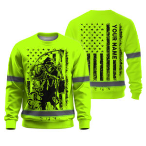 Hi Vis Long Sleeve Shirts Reflective Black Reaper Custom Name Safety Workwear For Workers, Runners, Truckers, Skull Lovers