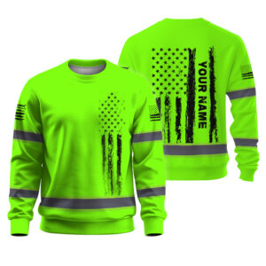Hi Vis Long Sleeve Shirts Reflective Tapes Green Neon Flag Custom Name For Workers, Truckers, Cyclists, Patriotic