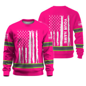Hi Vis Long Sleeve Shirts Reflective Tapes Pink Neon Flag Custom Name Safety Workwear For Workers, Operator, Cyclists, Patriotic