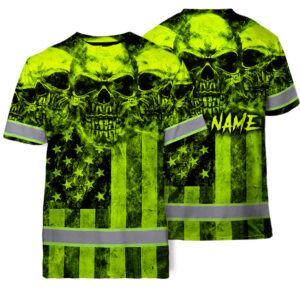 Hi Vis T Shirt Green Skull US Flag Custom Name Safety Workwear For Skull Lover