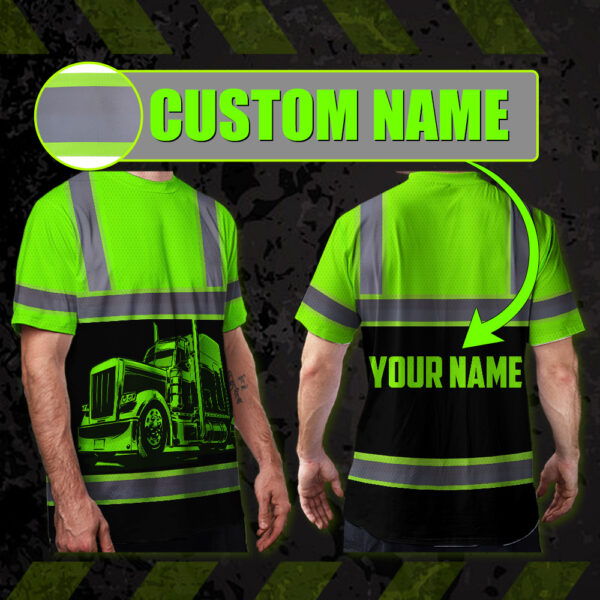 Hi-Vis-Shirt-Reflective-Tapes-Green-Semi-Truck-Driver-Custom-Name-Safety-Front-&-Back-360-Hivis
