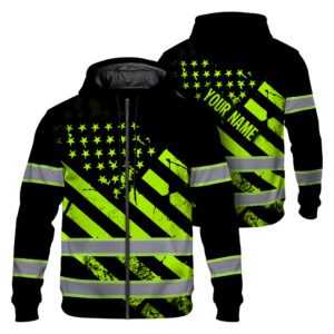 Hi Vis Zip Hoodie Reflective Tapes Green Black USA Flag Safety Workwear