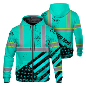 Hi Vis Zip Hoodie Reflective Tapes Mint Neon USA Flag Safety Workwear Workwear For Workers, Truckers, Cyclists, Patriotic