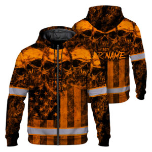 Hi Vis Zip Hoodie Reflective Tapes Orange Skull US Flag Safety Workwear
