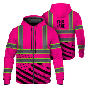 Hi Vis Zip Hoodie Reflective Tapes Pink USA Flag Safety Workwear For Truckers, Cyclists, Patriotic
