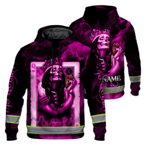 High Visibility Hoodie  Reflective Sugar Skull Pink His Queen Custom Name Safety Workwear For Runners, Truckers, Skull Lovers