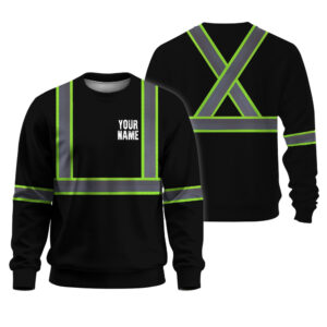 Hi Vis Reflective Black Custom Name Long Sleeve Safety Workwear For Workers, Truckers, Cyclists, Patriotic
