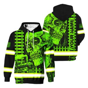 Hi Vis Hoodie Reflective Green Neon Skull US Flag Railroad Custom Name Safety Workwear For Workers, Runners, Cyclists, Patriotic