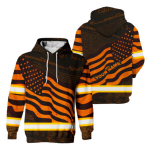 Hi Vis Hoodie Reflective Orange Neon Independence USA Flag Custom Name Safety Workwear For Workers, Runners, Cyclists