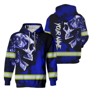 Hi Vis Hoodie Reflective Tapes Blue Neon Skull Custom Name Safety Workwear For Workers, Skull Lovers