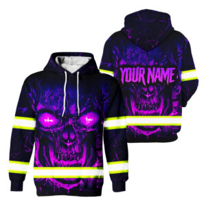 Hi Vis Hoodie Reflective Tapes Violet Gradient Skull Custom Name Safety Workwear