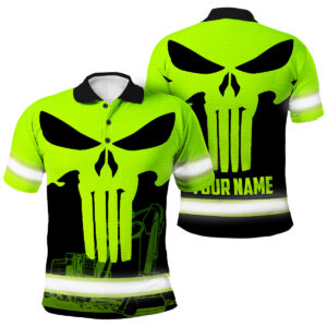 Skull Excavator Pattern Hi Vis Polo - Custom Name Operator Safety Shirt