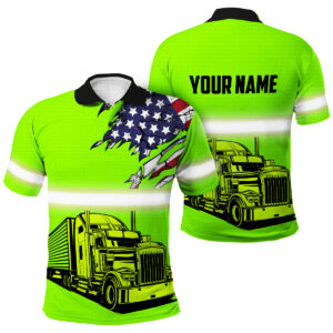 Safety Polo Shirts Reflective Tapes Green Gradient Semi Truck Driver Custom Name Safety Workwear For Truckers, Cyclists