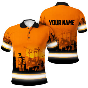 Hi Vis Polo Reflective Tapes Orange Ironworker Custom Name Safety Workwear For Operators, Runners, Cyclists