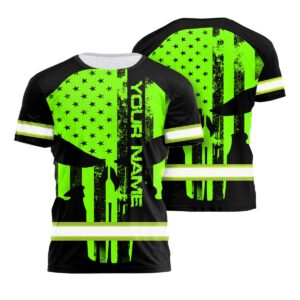 Custom Name Hi Vis Skull America Flag Shirt - Safety Workwear For Skull Lover, Patriotic