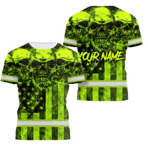 Hi Vis T Shirt Green Skull US Flag Custom Name Safety Workwear For Skull Lover