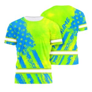 USA Flag Hi Vis Workwear - Green Neon And Blue, Personalized Name