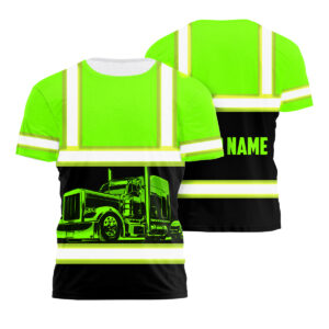Hi Vis T Shirt Reflective Tapes Green Semi Truck Driver Custom Name Safety Workwear For Truckers, Patriotic