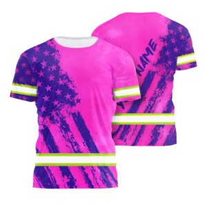 Pink High Vis Shirt Reflective Tapes Pink Neon And Violet US Flag Custom Name For Patriotic