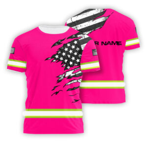 Pink High Vis Shirt Scratch Flags Custom Name Safety Workwear For Truckers, Cyclists, Patriotic