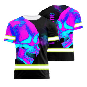 Personalized Skull Hi Vis Tee - Pink And Blue Neon Safety Workwear