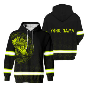 Hi Vis Zip Hoodie Reflective Lime Neon Wolf Viking Custom Name Safety Workwear For Workers, Runners, Cyclists, Patriotic