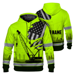 Hi Vis Hoodie Reflective Tapes Job Green Neon Crane Operator Custom Name Safety Workwear For Operator, Workers, Runners, Cyclists, Patriotic