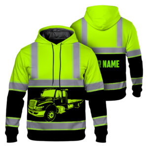 Hi Vis Hoodie Reflective Tapes Lime Tow Truck Driver Custom Name Safety Workwear For Truckers, Workers, Runners, Cyclists, Patriotic