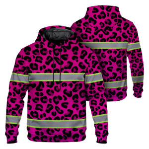 Hi Vis Hoodie Reflective Tapes Pink Leopard Safety Workwear