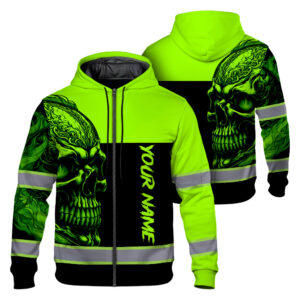 Hi Vis Zip Hoodie Reflective Green Neon Skull 3 Custom Name Safety Workwear For Workers, Runners, Cyclists, Patriotic