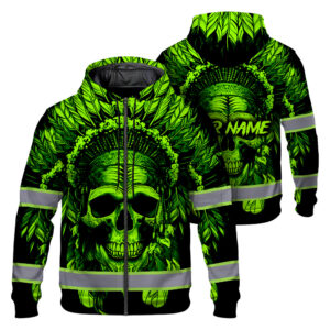 Hi Vis Zip Hoodie Reflective Green Neon Skull Native Custom Name Safety Workwear For Workers, Runners, Cyclists, Skull Lover