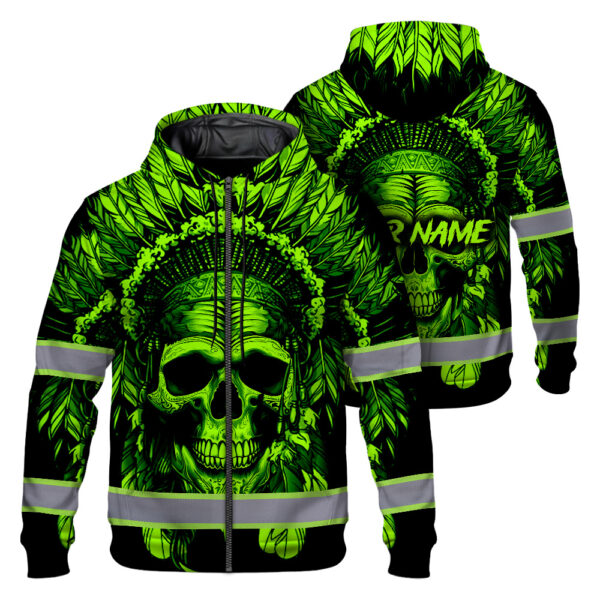 Hi-Vis-Zip-Hoodie-Reflective-Green-Neon-Skull-Native-Custom-Name-Safety-Workwear-For-Workers,-Runners,-Cyclists,-Skull-Lover-1