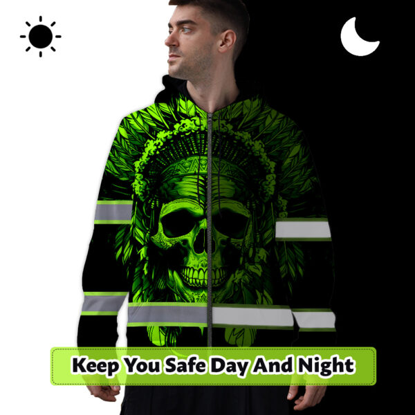 Hi-Vis-Zip-Hoodie-Reflective-Green-Neon-Skull-Native-Custom-Name-Safety-Workwear-For-Workers,-Runners,-Cyclists,-Skull-Lover-2