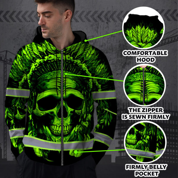 Hi-Vis-Zip-Hoodie-Reflective-Green-Neon-Skull-Native-Custom-Name-Safety-Workwear-For-Workers,-Runners,-Cyclists,-Skull-Lover-3