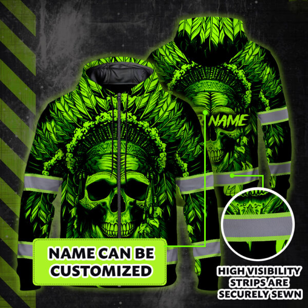 Hi-Vis-Zip-Hoodie-Reflective-Green-Neon-Skull-Native-Custom-Name-Safety-Workwear-For-Workers,-Runners,-Cyclists,-Skull-Lover-4