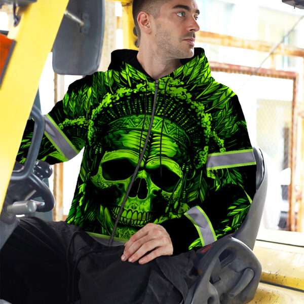 Hi-Vis-Zip-Hoodie-Reflective-Green-Neon-Skull-Native-Custom-Name-Safety-Workwear-For-Workers,-Runners,-Cyclists,-Skull-Lover-5