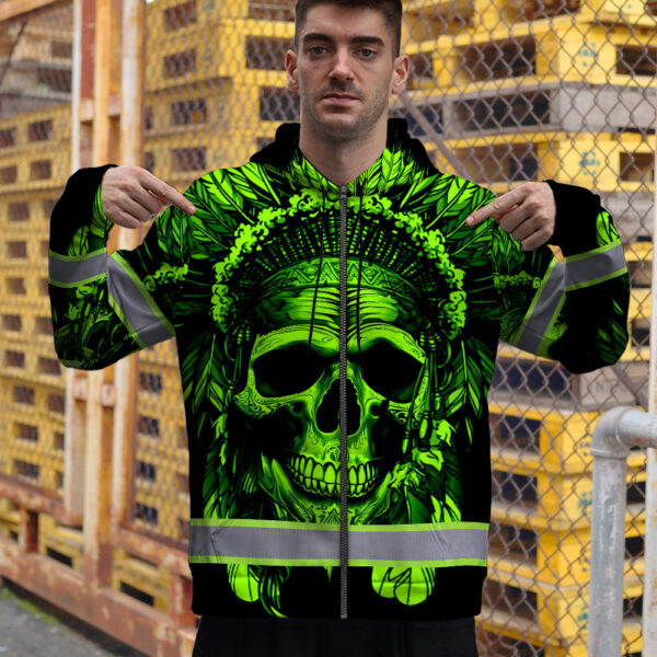 Hi-Vis-Zip-Hoodie-Reflective-Green-Neon-Skull-Native-Custom-Name-Safety-Workwear-For-Workers,-Runners,-Cyclists,-Skull-Lover-6