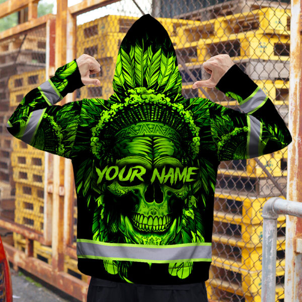 Hi-Vis-Zip-Hoodie-Reflective-Green-Neon-Skull-Native-Custom-Name-Safety-Workwear-For-Workers,-Runners,-Cyclists,-Skull-Lover-7
