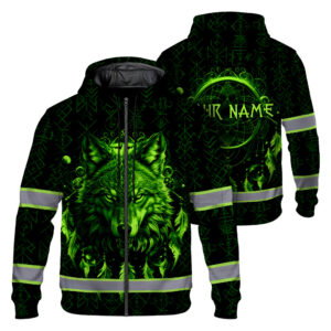 Hi Vis Zip Hoodie Reflective Green Neon Wolf Custom Name Safety Workwear For Workers, Runners, Cyclists, Patriotic