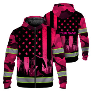 Hi Vis Zip Hoodie Reflective Pink USA Flag With Gorillas Custom Name Safety Workwear For Workers, Runners, Cyclists, Patriotic