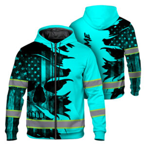 Hi Vis Zip Hoodie Reflective Tapes Blue Neon Skull US Flag Scratch Custom Name Safety Workwear For Workers, Runners, Cyclists, Patriotic